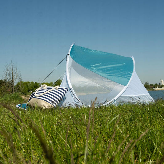 Cort plajă, Trizand, cu protecție UV, husa, albastru si alb, 190x120x90 cm