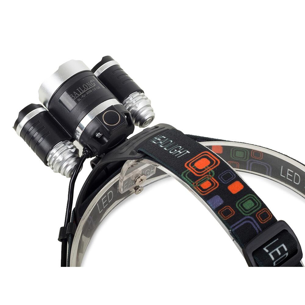 Lanterna de cap cu acumulator, tactica, Bailong, 1 x LED CREE XM-L T6, 2 x LED XP-E, unghi reglabil, 400 m
