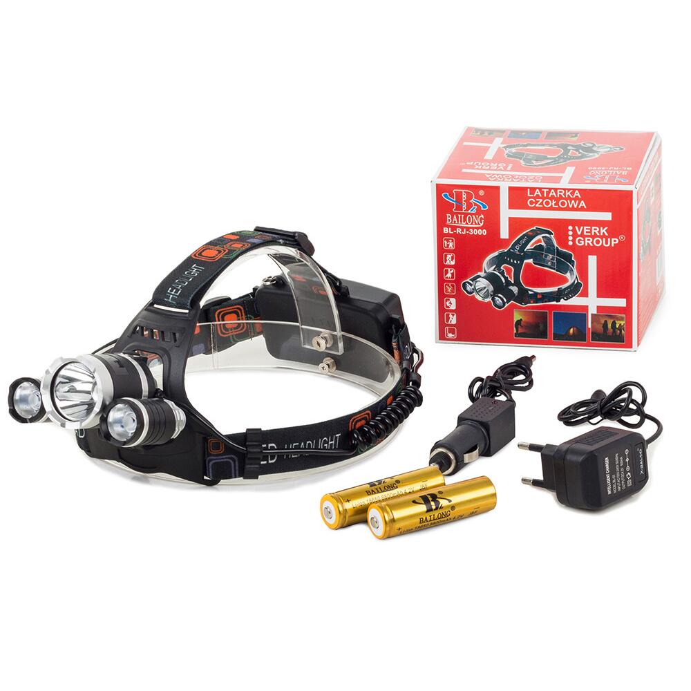 Lanterna de cap cu acumulator, tactica, Bailong, 1 x LED CREE XM-L T6, 2 x LED XP-E, unghi reglabil, 400 m