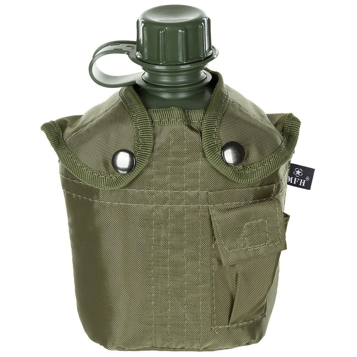 Bidon 1 litru cu husă olive, BPA free, MFH - Hai-afara.com I Echipament de trekking, drumeții, cățărări, outdoor