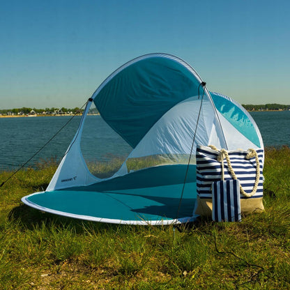 Cort plajă, Trizand, cu protecție UV, husa, albastru si alb, 190x120x90 cm