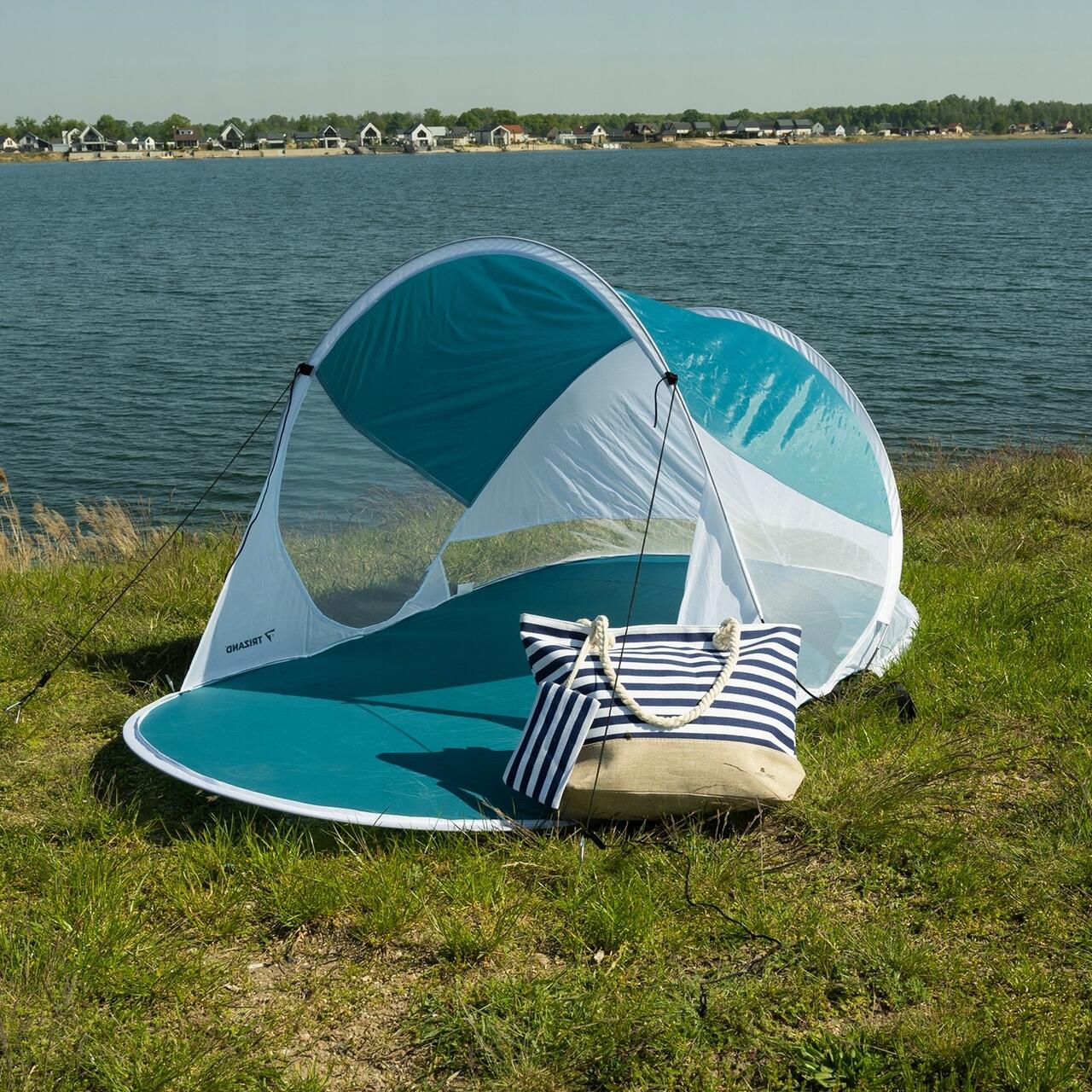 Cort plajă, Trizand, cu protecție UV, husa, albastru si alb, 190x120x90 cm
